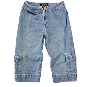Vintage Jalate Denim Cargo Capris Womens 9/10 Blue Y2K Grommet Lace Up Wide Leg